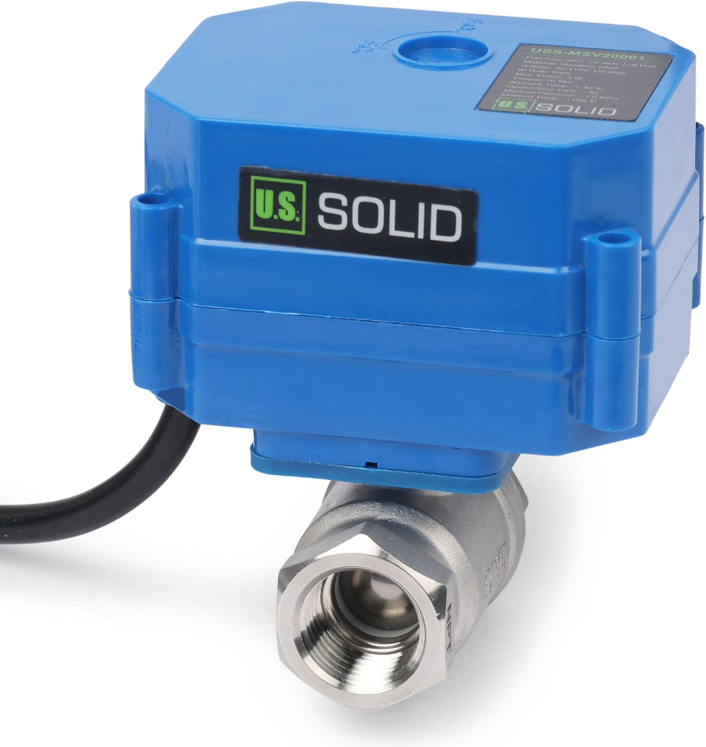 U.S. Solid 1/2" NPT 2-Way Motorized Ball Valve with US Plug 110VAC 304 Stainless Steel Electrical Ball Valve, Auto Return, Normally Closed, IP65, NSF Certified