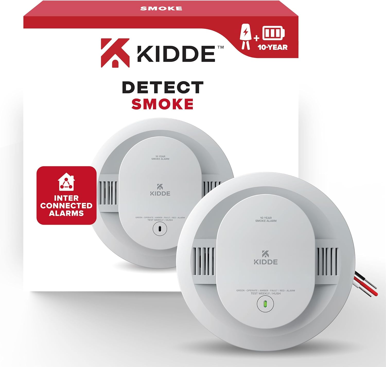 Kidde Hardwired Smoke Detector, 10-Year Battery Backup, Interconnectable, LED Warning Light Indicators, 20SA10