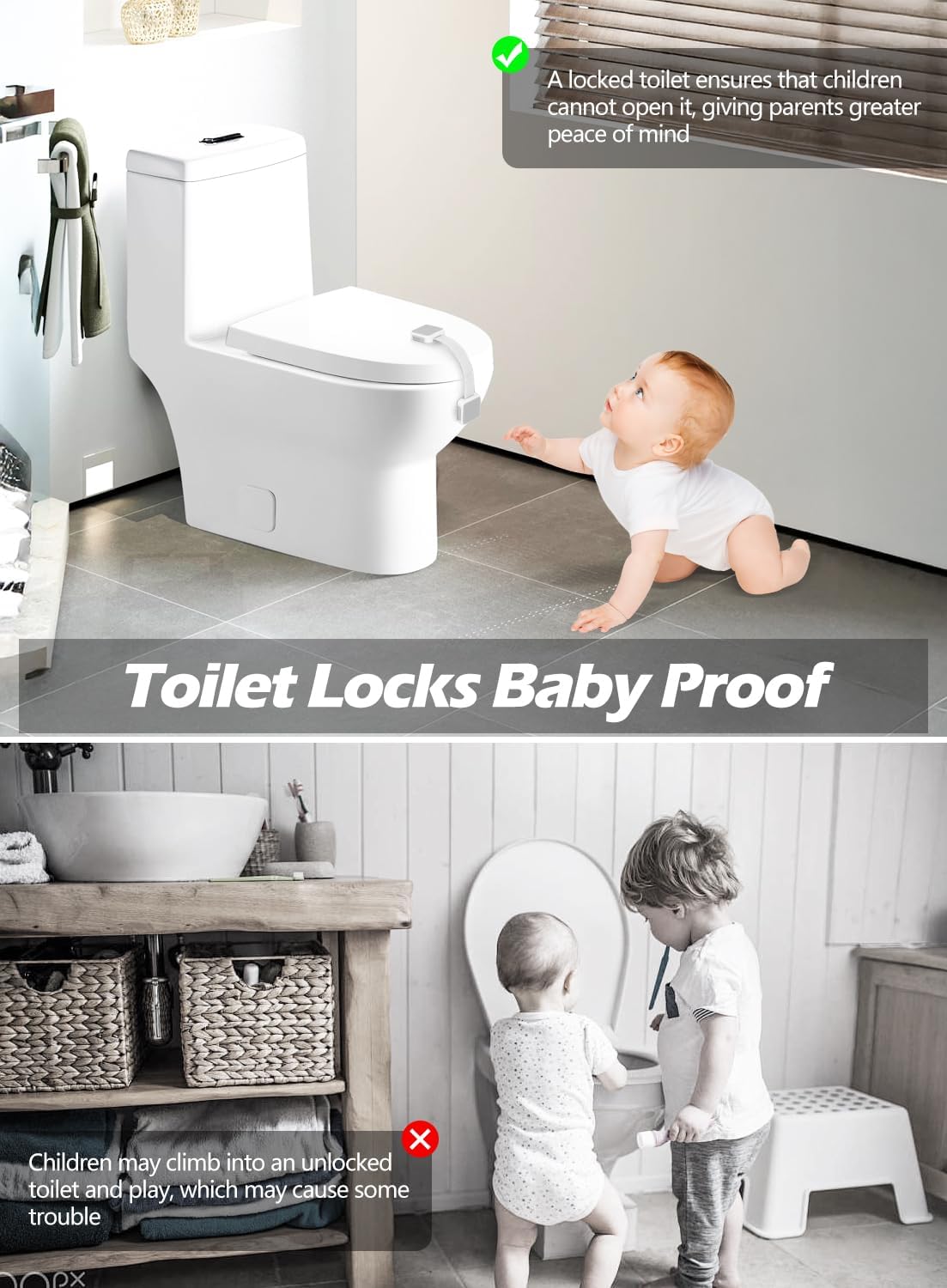 2 Pack Baby Proofing Safety Locks Child Safe for Cabinet Drawer Fridge Oven Dishwasher Doors, Toilet Seat & Lid, Adjustable Furniture Latches and Straps, 3M Adhesive No Drilling Button,Unlock Design