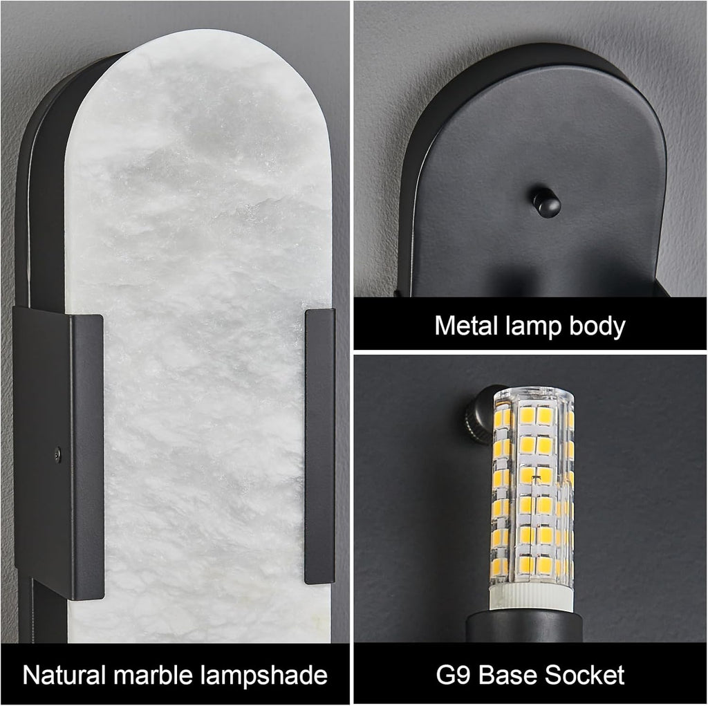 Alabaster Wall Sconces Set of Two, Modern Natural Marble Wall Sconces for Indoor Lighting, 13.8 in Black Wall Lights for Bathroom Dining Room Stairs Bedroom