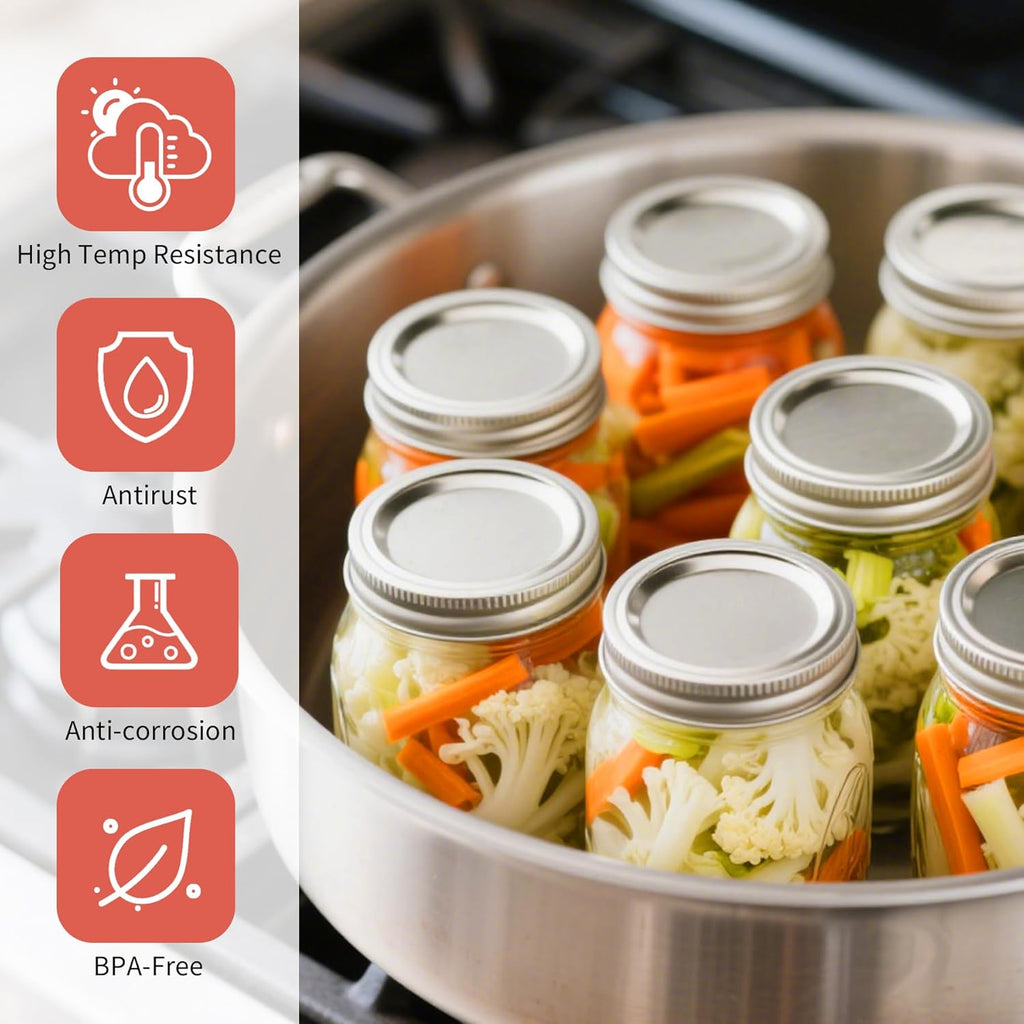 Aliggbent Canning Lids 200 PCS Mason Canning Jar Lids 70MM Regular Mouth Reusable Leak Proof Split Type Lids Food Grade and Anti-Rust Silver Jar Secure Caps and Bands with Silicone Seals Ring