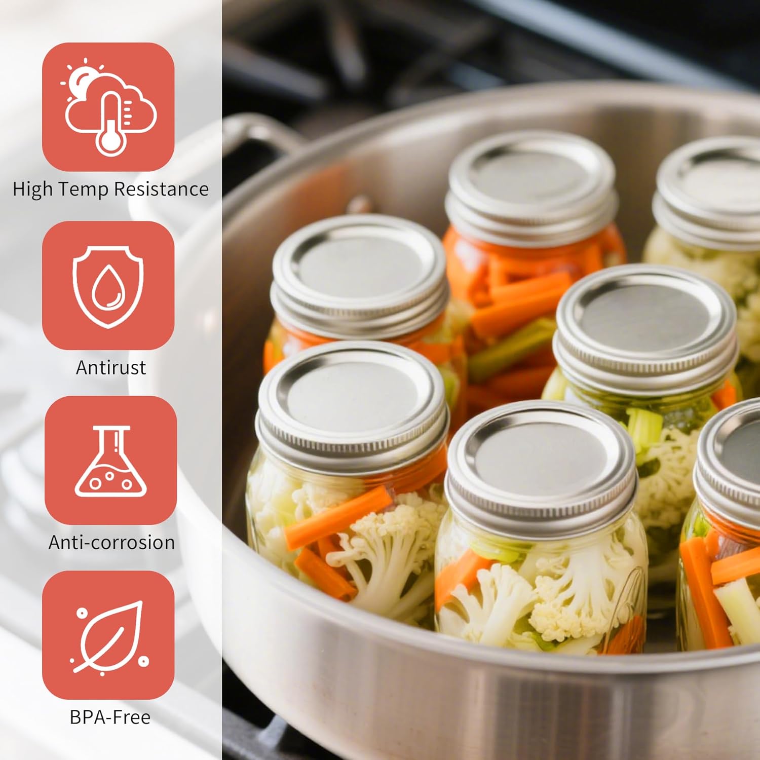 Aliggbent Canning Lids 200 PCS Mason Canning Jar Lids 70MM Regular Mouth Reusable Leak Proof Split Type Lids Food Grade and Anti-Rust Silver Jar Secure Caps and Bands with Silicone Seals Ring