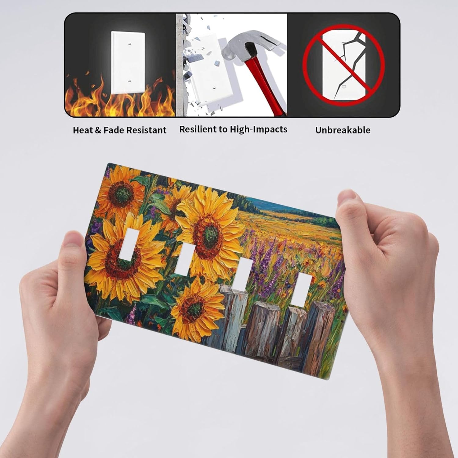 Decorative Light Switch Cover Plate Rustic Wilderness Sunflower Lavender Muzha Oil Painting 4 Gang Wall Plate Oversized Quad Toggle Switch Cover Plate Jumbo Faceplate