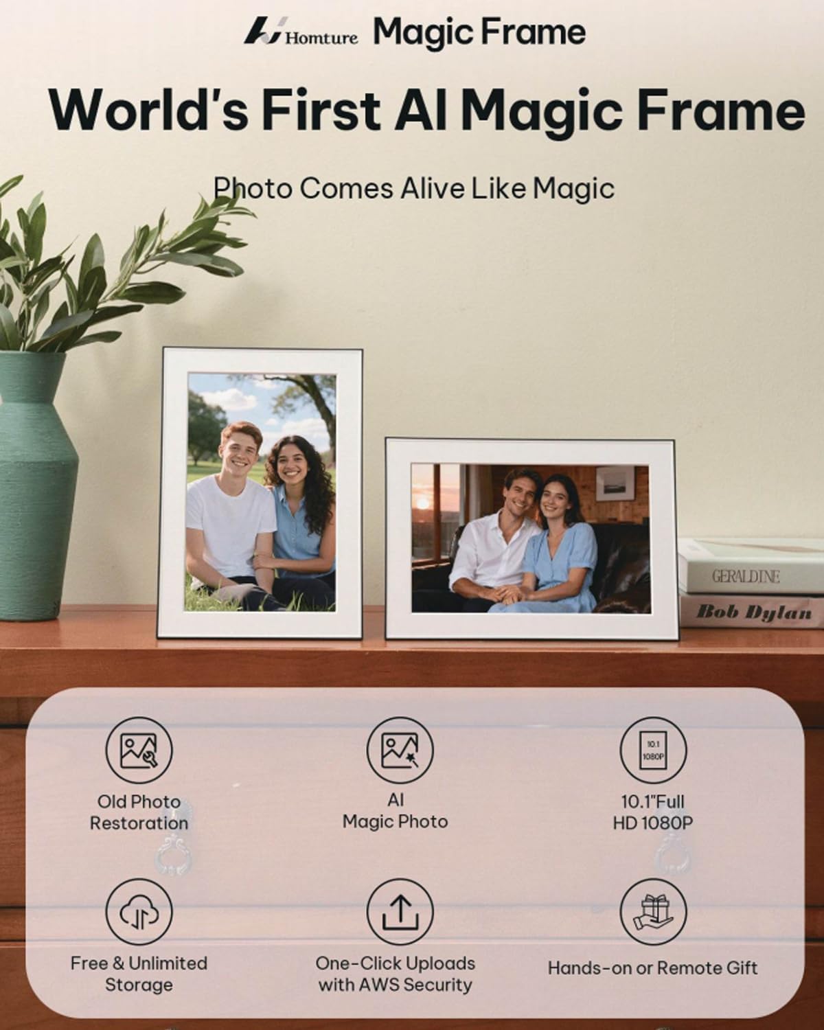AI Magic Frame 10.1"-WiFi Digital Picture Frame with 64GB,1920 x 1200 IPS FHD TouchScreen,Motion Sensor,Dynamic AI Photo,Unlimited Cloud Storage, Gifts for Christmas/Birthday/Family/Home Decor