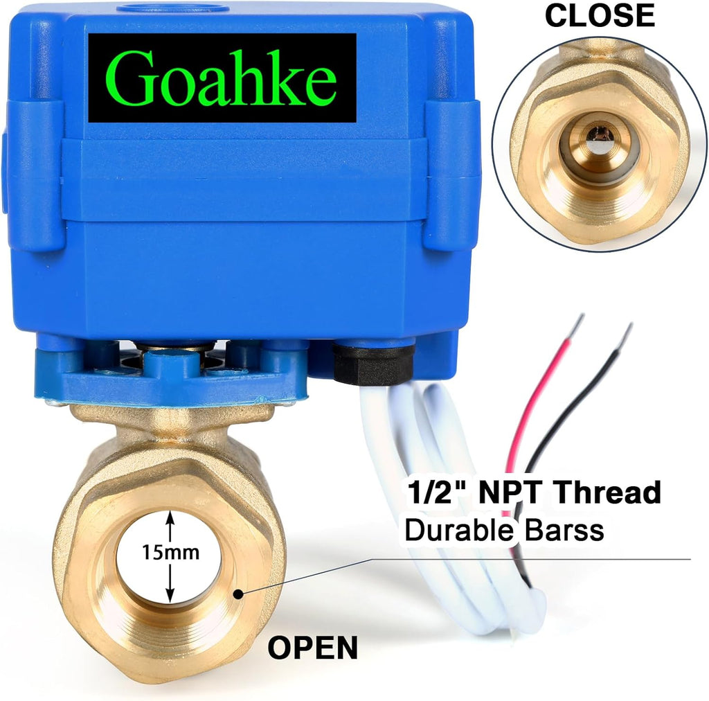 Motorized Ball Valve 1/2", Full Port, Brass Ball Valve, 9-24V AC/DC, 2 Wire Auto Return, Electric Shut Off Ball Valves