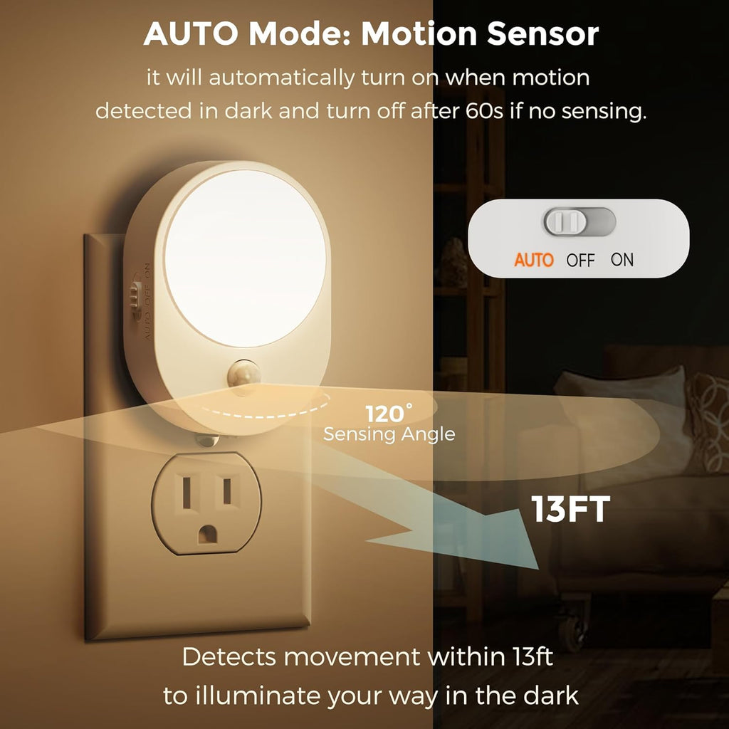 L LOHAS LED Plug in Night Light with Motion Sensor and Dusk to Dawn Sensor,[4-Pack] Night Lights Plug into Wall,3000K Soft White,30/60/100LM Dimmable Nightlight for Bathroom Hallway Kitchen