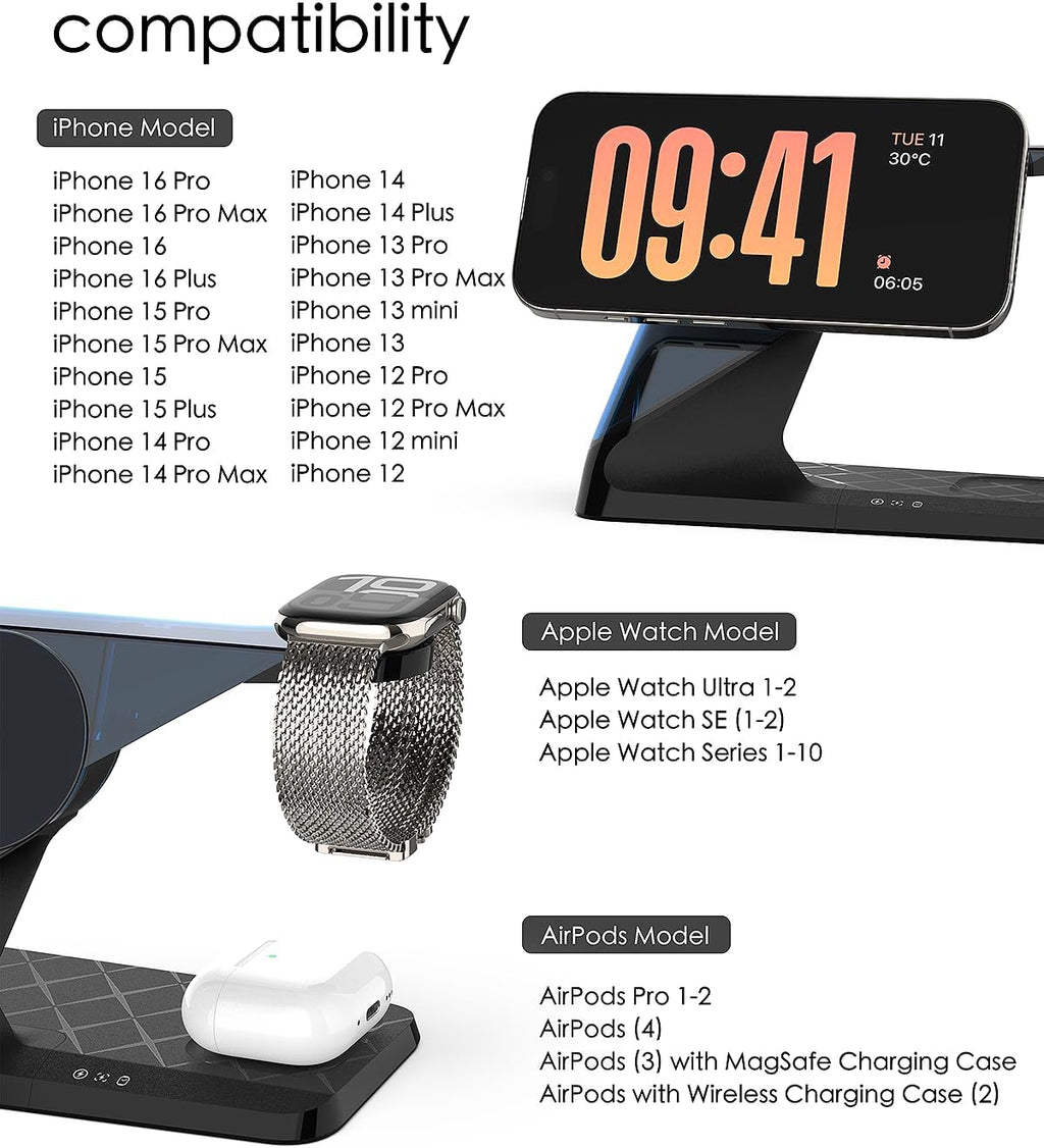 3 in 1 Charging Station for Apple Devices, Mag-Safe Charger Stand, Wireless Charger for iPhone 16/15/14/13/12 Series,& AirPods,& iWatch