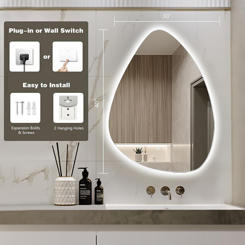 Niccy Irregular LED Bathroom Mirror, 30"x40" Asymmetrical Backlit Vanity Wall Mirrors, Frameless Lighted Mirrors for Bedroom, Living Room, Modern Smart-Mirror with Anti-Fog, Dimmable, Memory Function