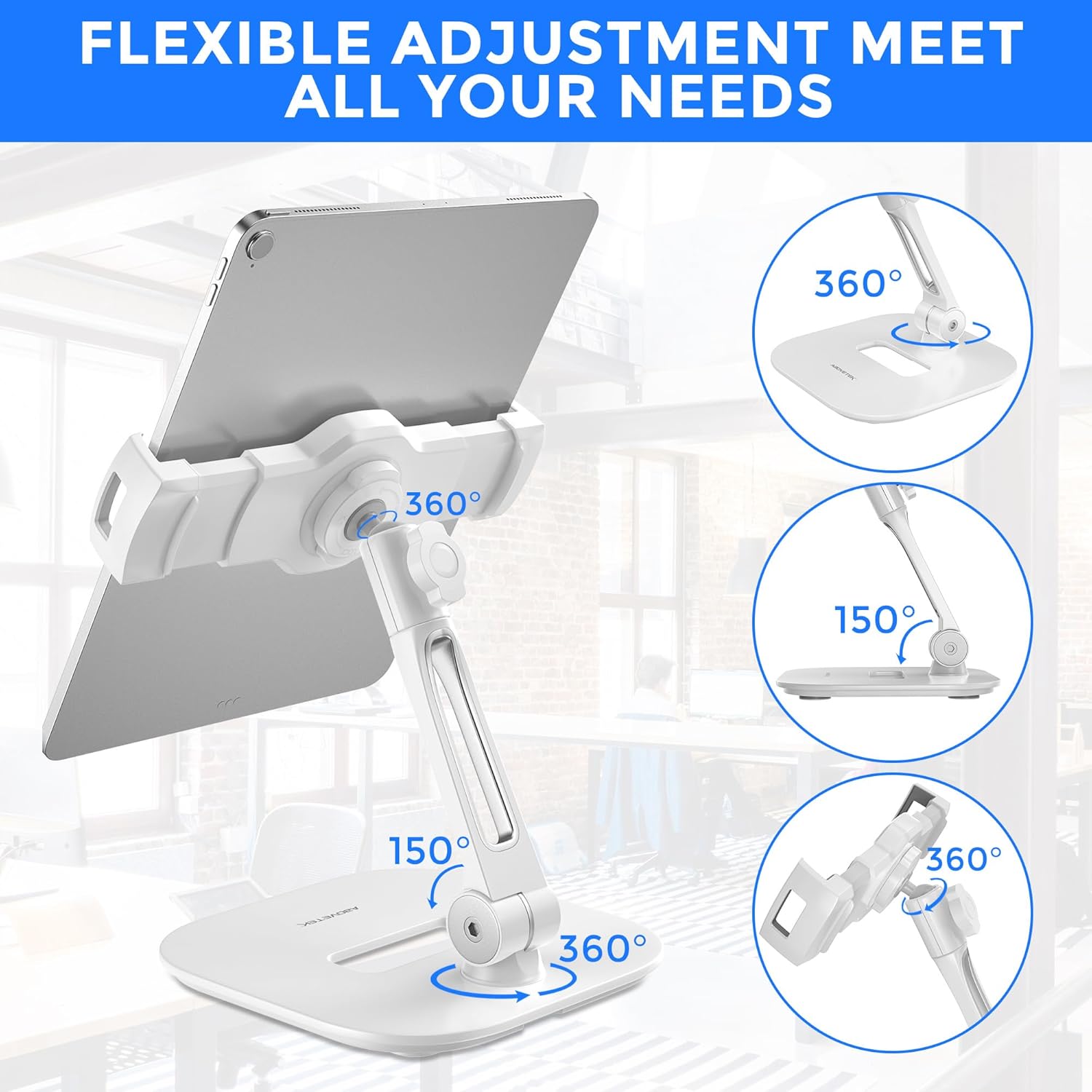 AboveTEK Tablet Stand Holder, Stylish Aluminum iPad Stands, Foldable 360° Swivel iPad iPhone Table Stand Holder fits 4-11" Tablets/Smartphones for Kitchen Bedside Office POS Showroom Reception (White)