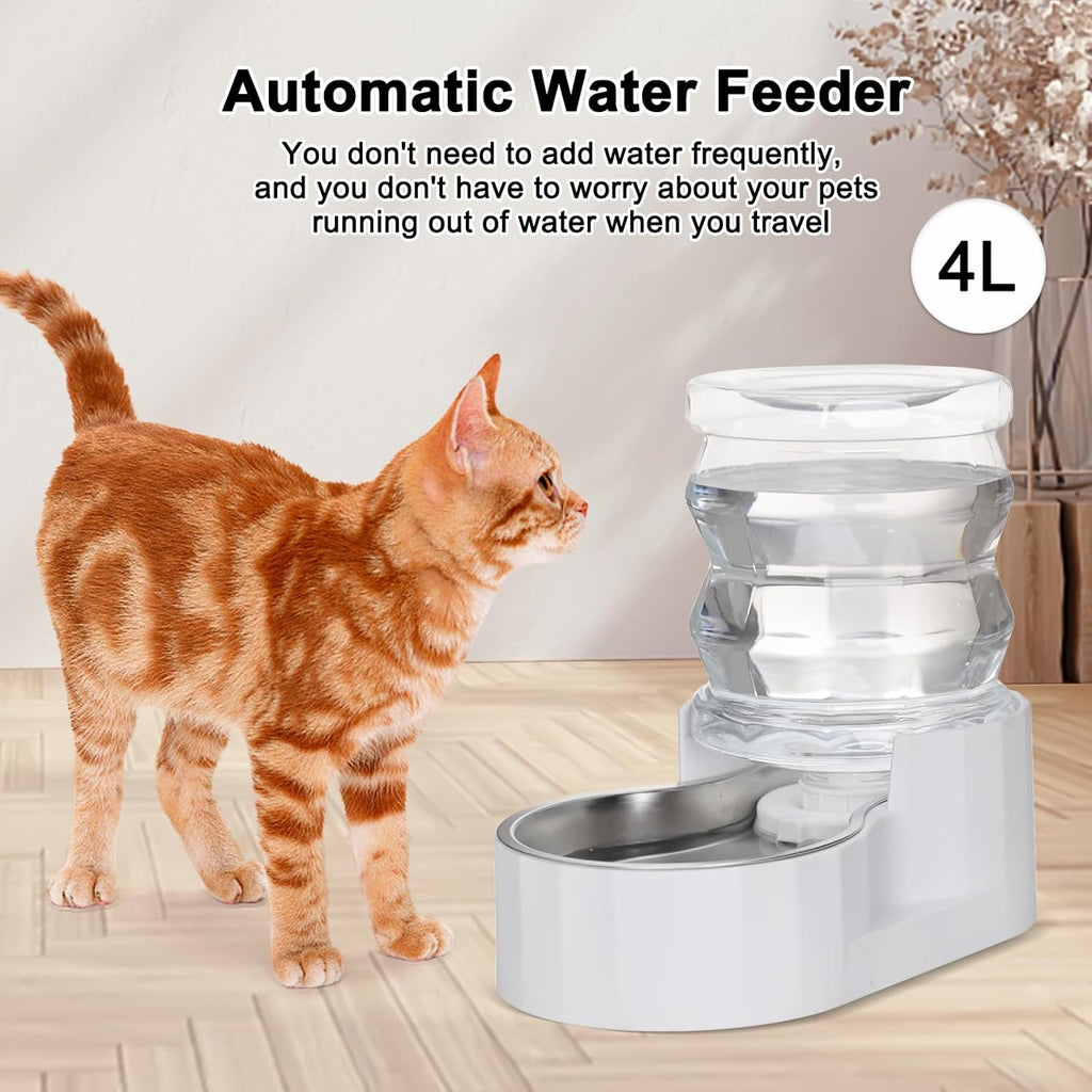 RIZZARI Pet Water Bowl Dispenser: 4L Automatic Stainless Steel Gravity Feeder with Specialized Brush and Triple Filter - Large Capacity for Cats and Dogs with Joint Spine Pain - for Kitchen Bedroom