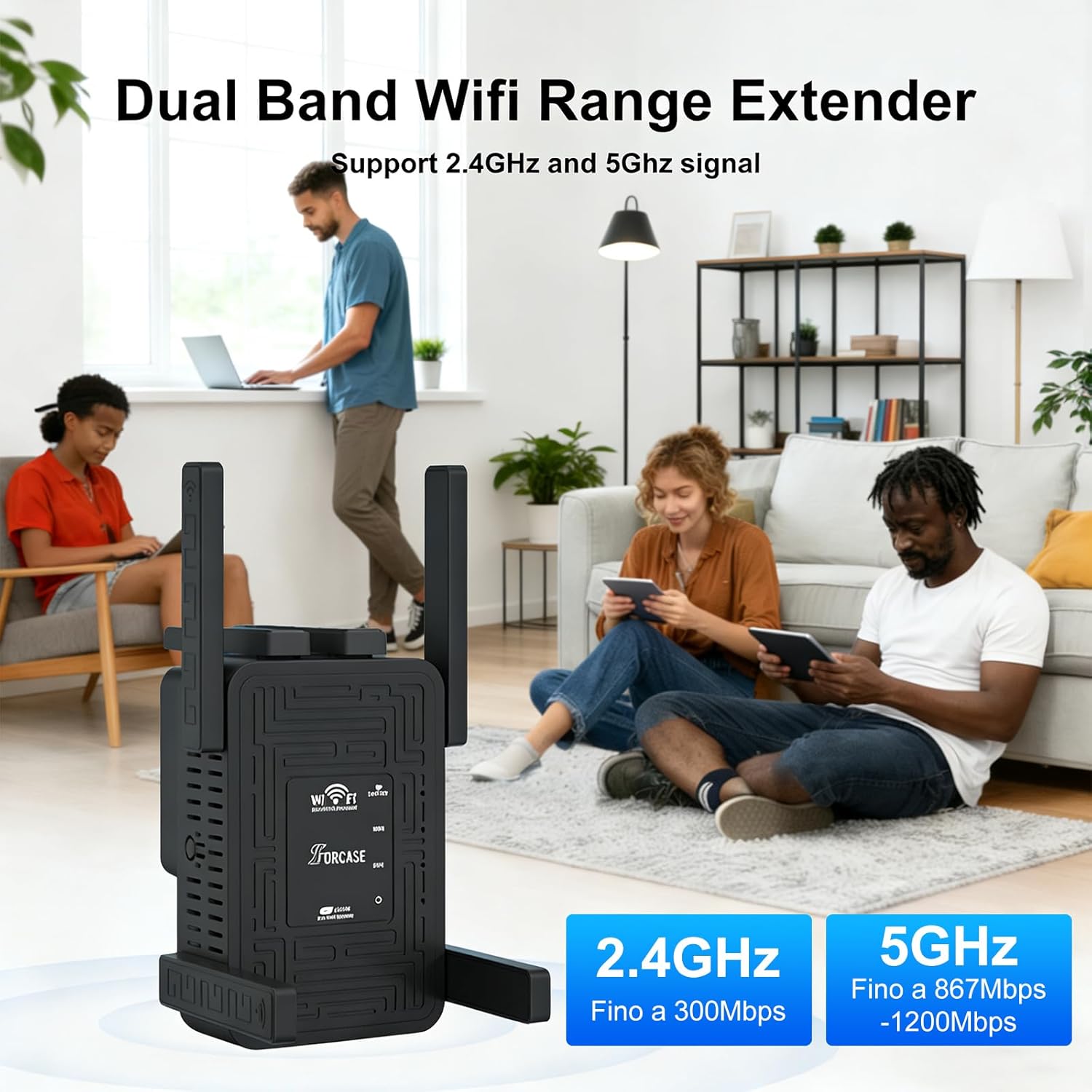 WiFi Extender Signal Booster Dual Band 5.8GHz&2.4GHz, w/6 Antennas WiFi Booster for Home Coverage up to 10200 Sq.ft, Signal Amplifier 1200Mbps WiFi Repeater w/Ethernet Port, 1-Tap Setup,Black