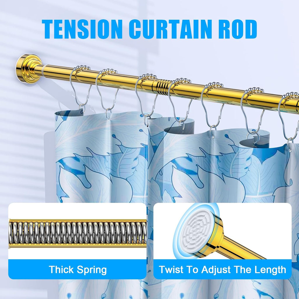 TEECK Shower Curtain Rod, 32-104 inch Adjustable Spring Tension Curtain Rod, Never Rust Anti-Slip Shower Curtain Rod for Bathroom, No Drilling, Never Collapse, Easy to Use, Gold