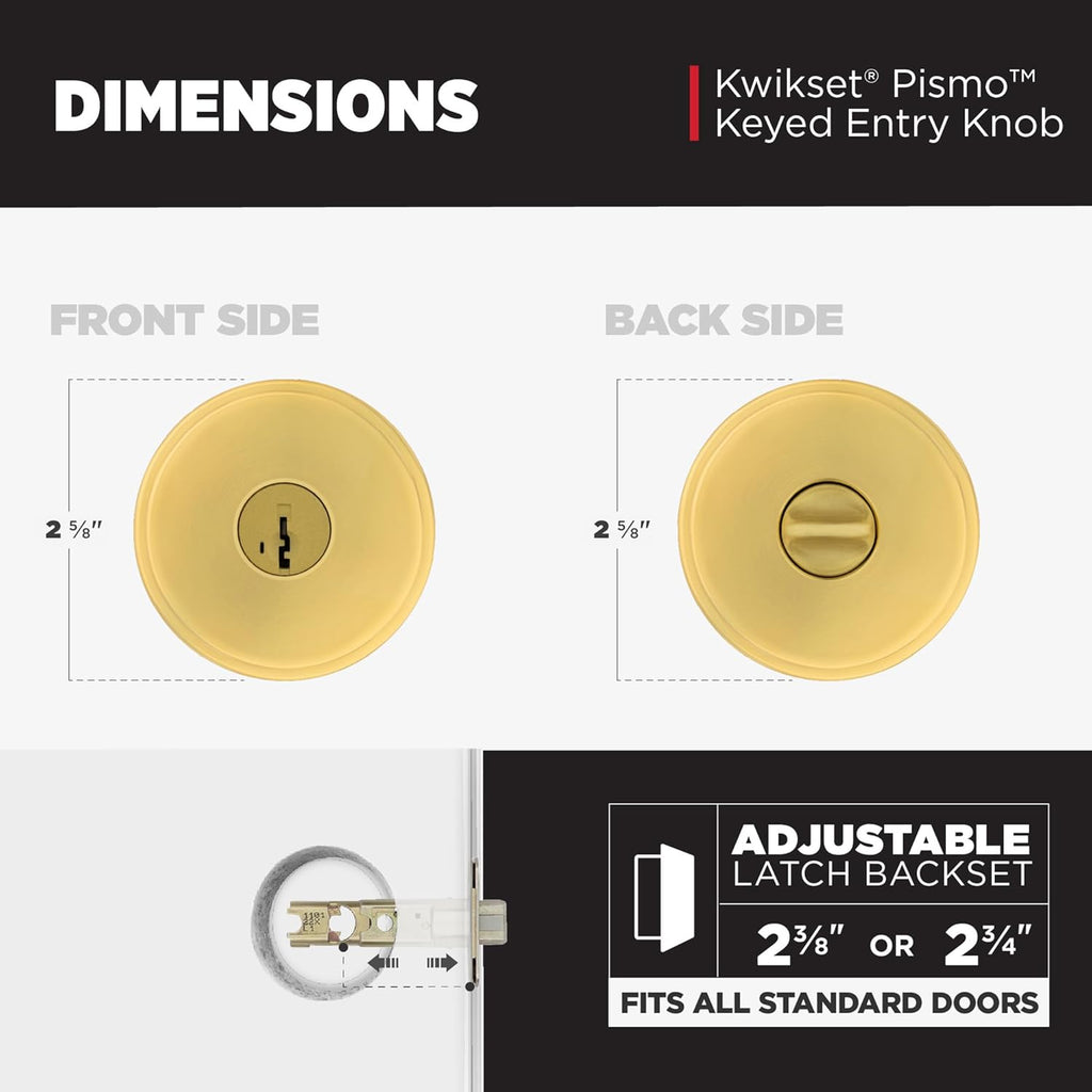 Kwikset Pismo Entry Door Knob with Lock and Key, Secure Keyed Handle Exterior, Front Entrance and Bedroom, Satin Brass, 10 Pack, Pick Resistant SmartKey Rekey Security
