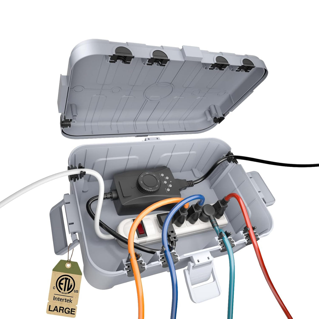 Flemoon Outdoor Electrical Box Waterproof, IP54 Waterproof Extension Cord Cover, Protect Outlet, Plug, Socket, Timer, Power Strip, Holiday Light, Large Weatherproof Connection Box, Light Grey