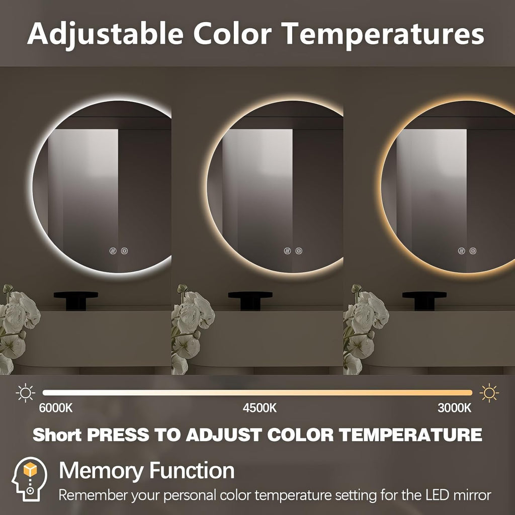 Niccy Round Led Mirror for Bathroom, 32" Circle Frameless Backlit Mirror wiht Light, Anti-Fog, 3 Colors, Waterproof, Memory Function