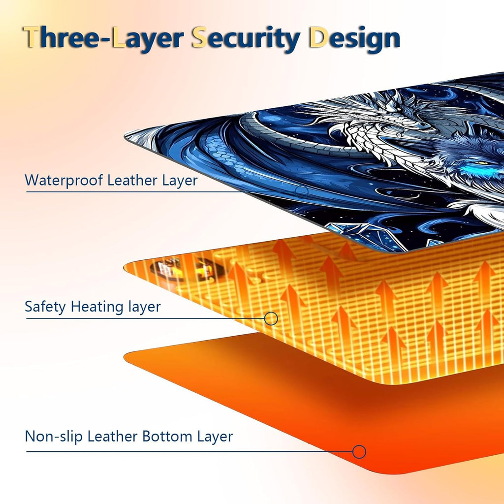 Heated Mouse Pad with 3 Temperature Settings(104°F–122°F),Large 31.5x13 Inch PU Leather Heated Desk Mat,Waterproof Warming Pad for Office,Gaming & Cold Hands Relief,Dragon and Wolf