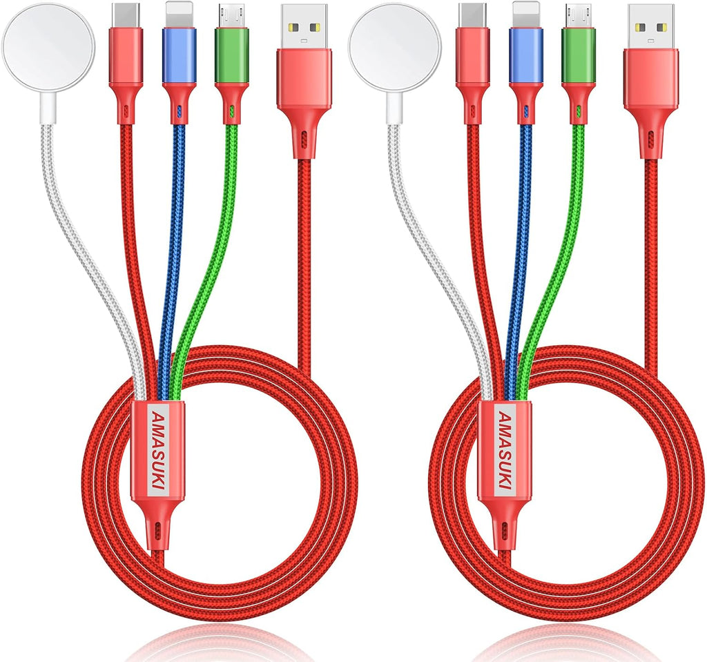2Pack Multi Charging Cable for Apple Watch Charger 4 in 1 Travel Essentials RV Camping Essentials USB C/L/Micro Compatible with iWatch Series 11-1/iPhone 17/16/15/Android Airplane Gadgets-4FT/Red