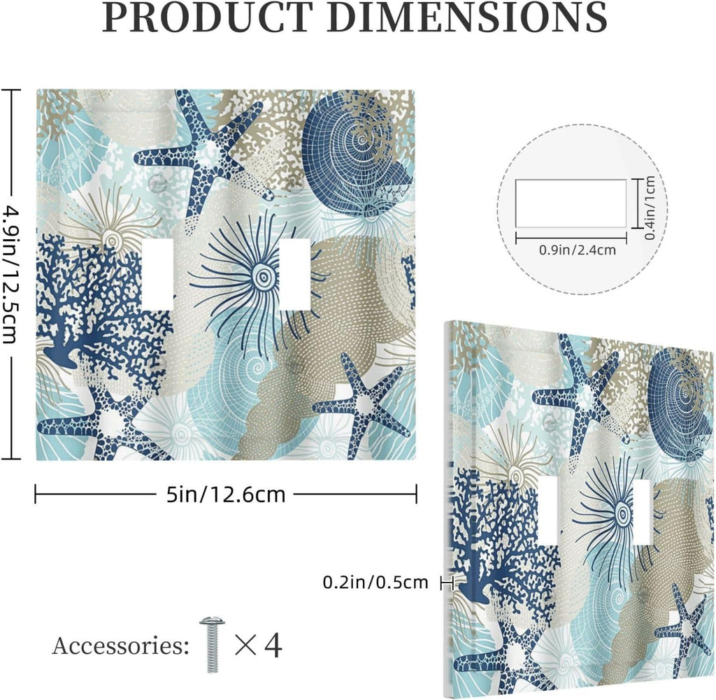 Decorative Light Switch Cover Plate Blue Starfish Brown Coral Ocean 2 Gang Outlet Covers Double Toggle Wall Plates for Electrical Outlets Switch Plate Covers Faceplate for Girlroom Home Decor