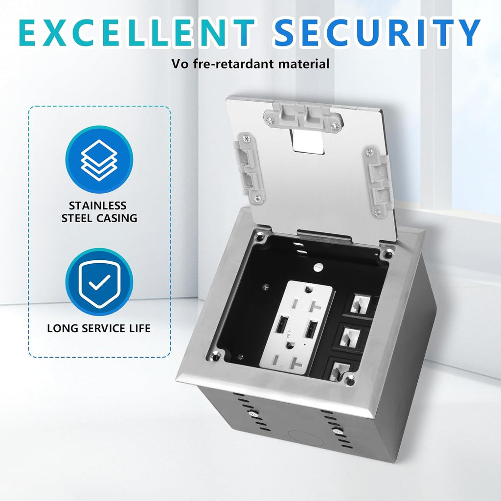 KYHSHJ Recessed Flat Hidden Socket Kit with 2 * 20A Receptacle，4.8A*2 USB-A Ports +3-Port RJ45 Datacom Receptacle. Internal Height Adjustable，Corrosive Resistant Hardware,Silver