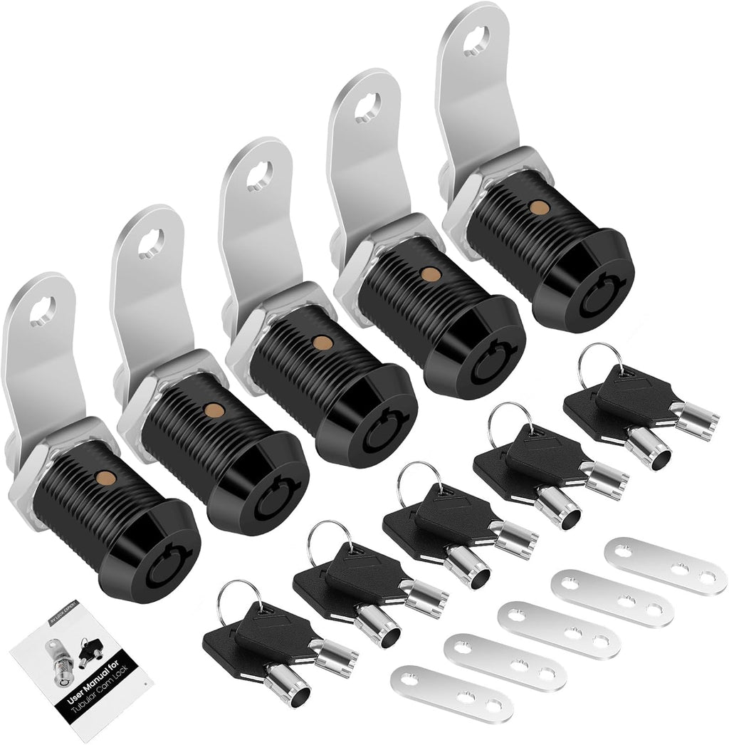 5 Pack Cabinet Lock with Keys, 7/8" RV Storage Locks Keyed Alike, RV Locks for Storage Door, Camper Cabinet Door Toolbox Lock Mailbox RV Cam Locks with Manual (Black -5 Pack, 7/8 Inch)