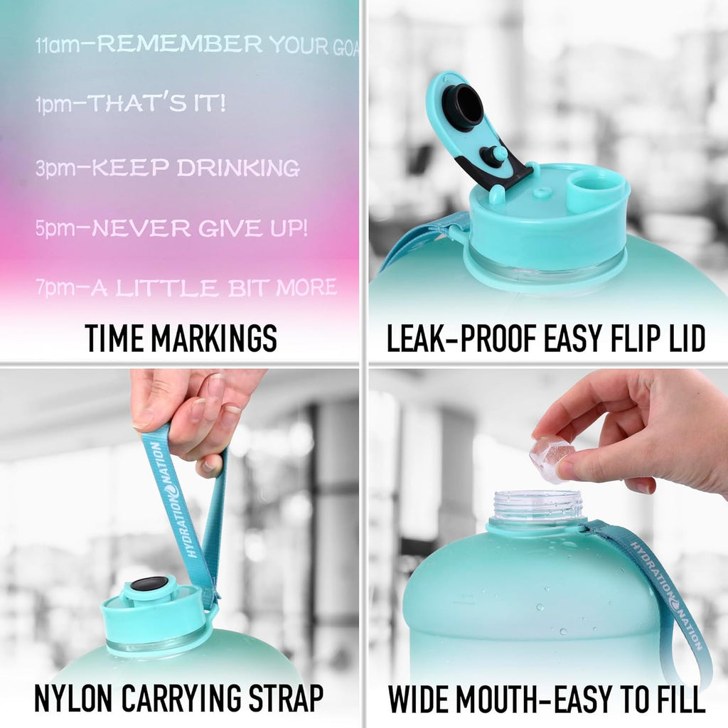 Hydration Nation 1 Gallon Water Bottle with Times to Drink - Motivational Time Reader Leak-Proof Jug with Flip Cap & Strap - 128oz Sports Bottle