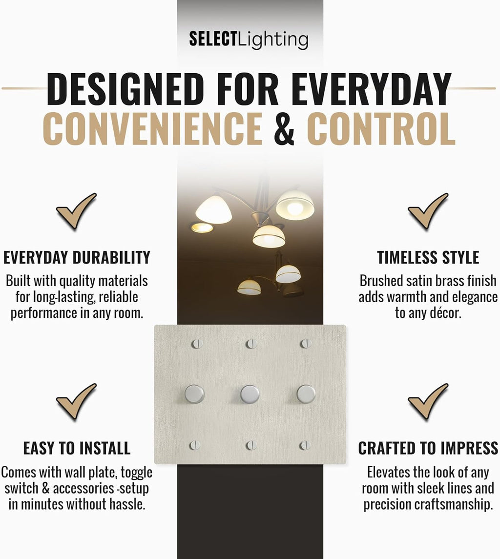 Select Vintage Brass Dimmer Light Switch, 1 Way Rotary Dimmer, 3 Gang TRIAC/Leading Edge Dimmable LED Light Switch, 15A 120V AC with Brass Knob, Faceplate & Dimming Module, UL Listed