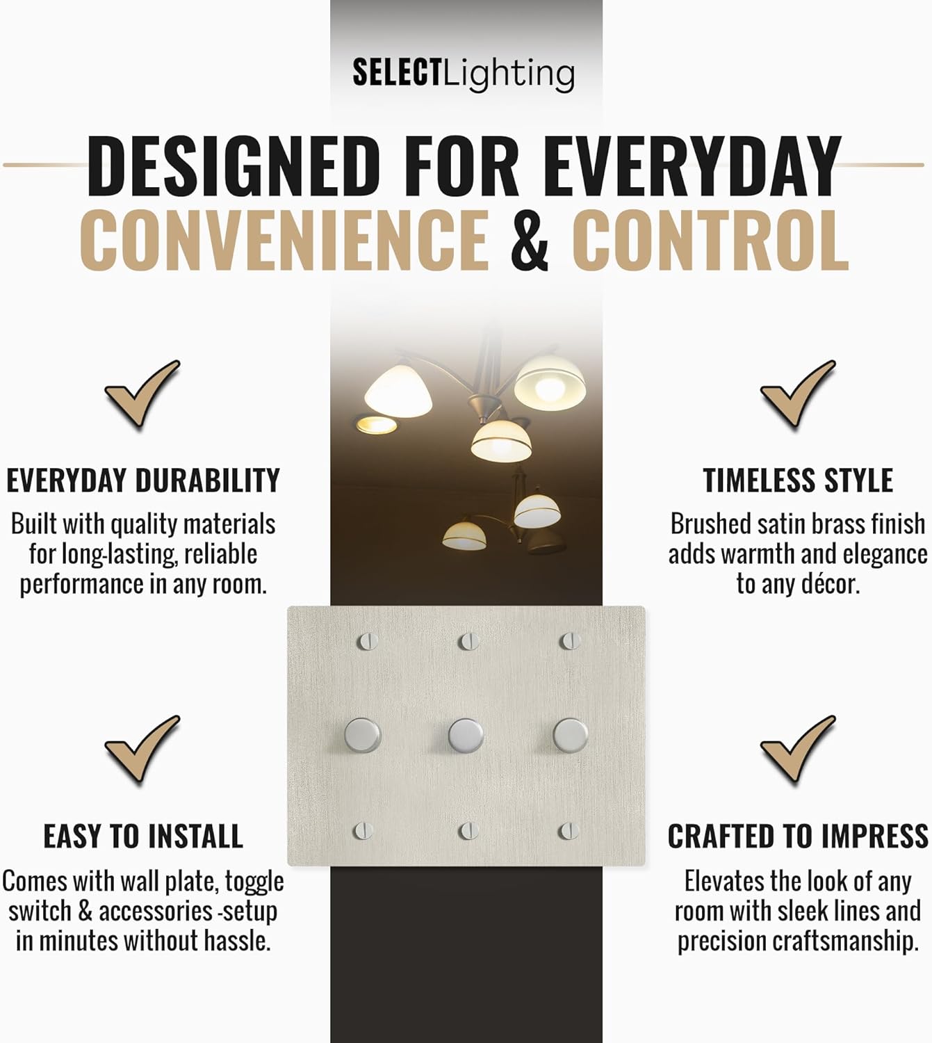 Select Vintage Brass Dimmer Light Switch, 1 Way Rotary Dimmer, 3 Gang TRIAC/Leading Edge Dimmable LED Light Switch, 15A 120V AC with Brass Knob, Faceplate & Dimming Module, UL Listed