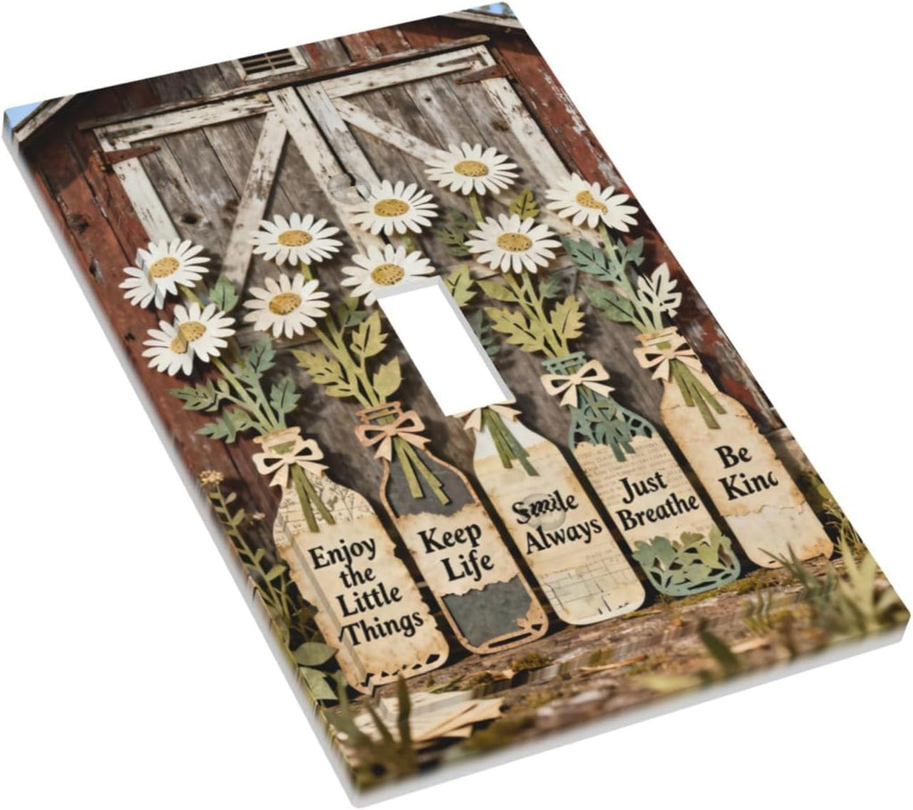 Rustic Daisy Barn Door Flowers 1 Gang Single Toggle Decorative Light Switch Covers Electrical Faceplate Switch Plates for Bathroom Kitchen Home