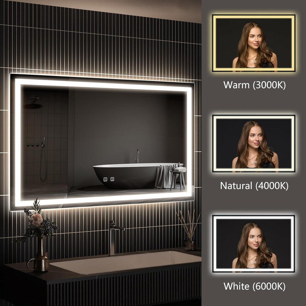 APRILSOUL 48x36 Inch LED Bathroom Mirror with Front and Backlit, Makeup Mirror with 3 Color Lights, Memory Function, Anti-Fog and Dimmable Light (Horizontal/Vertical)