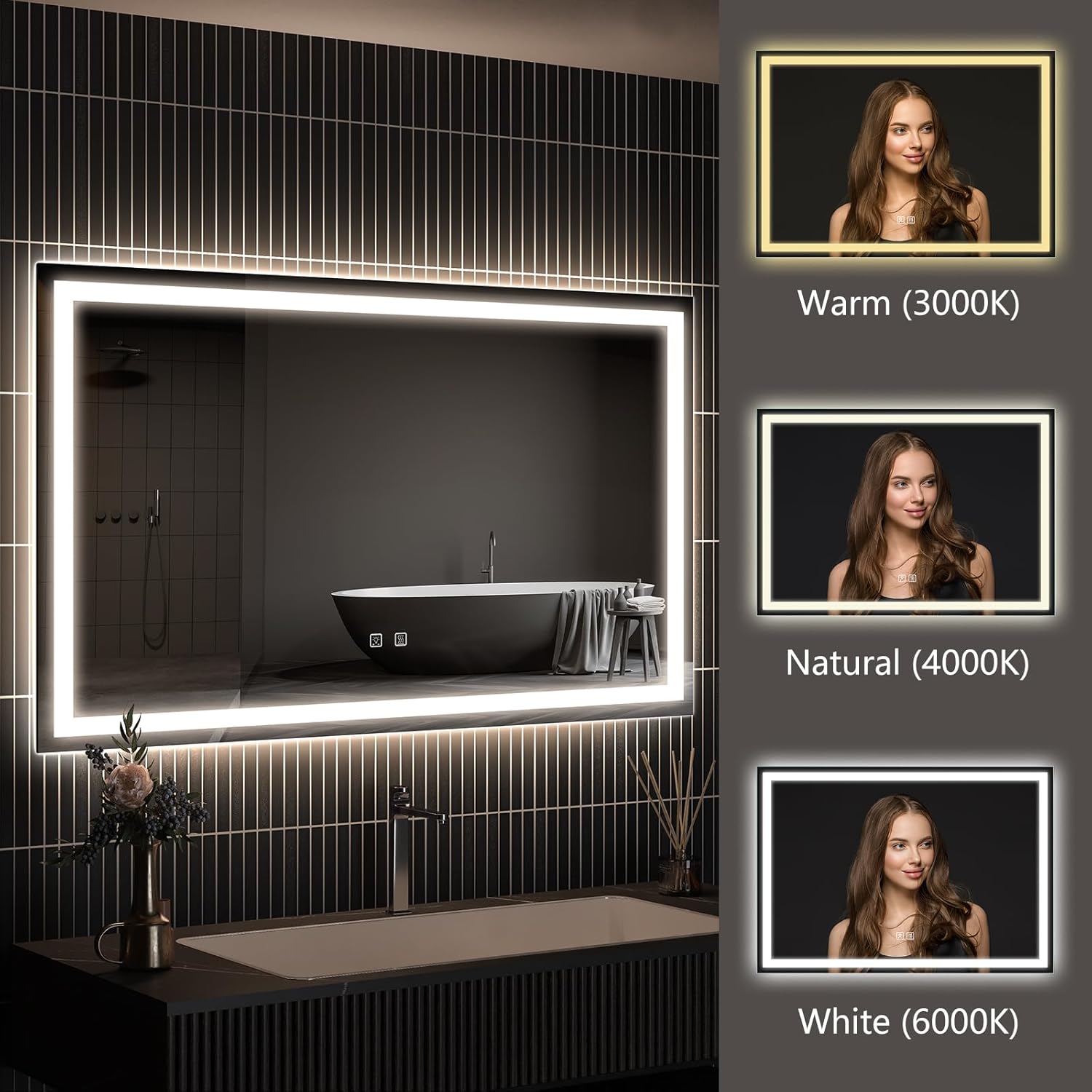 APRILSOUL 42x30 Inch LED Bathroom Mirror with Front and Backlit, Makeup Mirror with 3 Color Lights, Memory Function, Anti-Fog and Dimmable Light (Horizontal/Vertical)