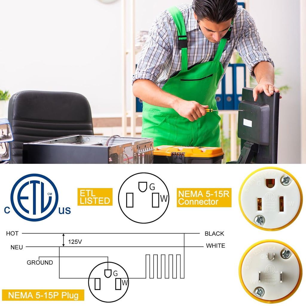 Sherr 24 Pcs Extension Cord Ends 15A 125V 2 Pole 3 Wire Heavy Duty Replacement Male Plug Female Connector Set 5-15P 5-15R Straight Blade Plug Grounding Type/ETL Listed (Male,Female)