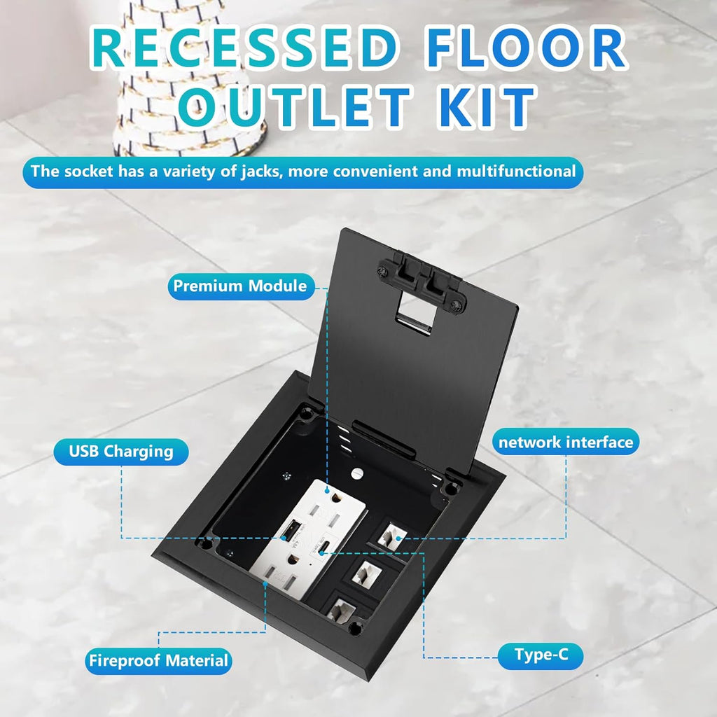 KYHSHJ Recessed Flat Hidden Socket Kit with 2 * 15A Receptacle，4.8A 1 USB-A Ports &1 USB-C Port+3-Port RJ45 Datacom Receptacle. Internal Height Adjustable，Corrosive Resistant Hardware,Black