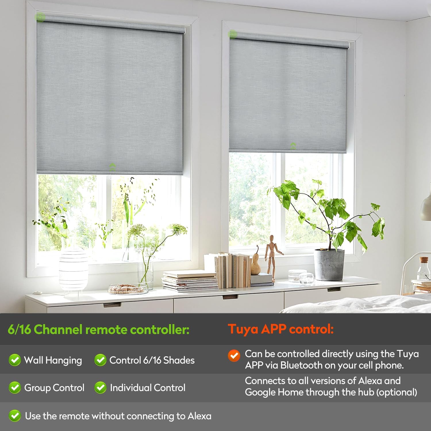 ZSTARR Motorized Light Filtering Roller Blinds with Remote Control,Rechargeable Smart Window Shades Compatible with Alexa Google via Hub,Fabric Wrapped Valance, Custom Size (Light Smoke Gray)