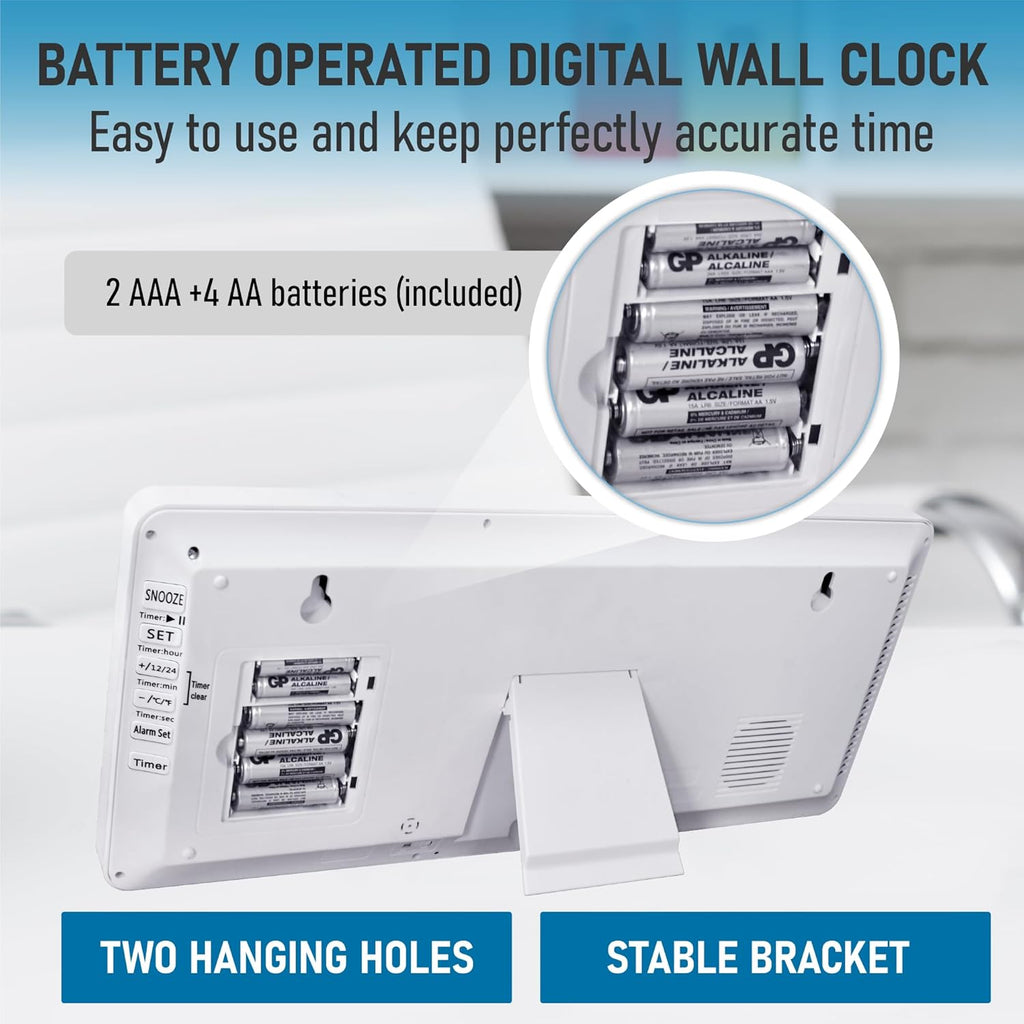 TXL Large Digital Wall Clock with Backlight, 14.2" Battery Operated Alarm Clock with Day, Date & Temperature, Jumbo Display Digital Count Up Down Timer Clock for Seniors, Home, Bedroom Office