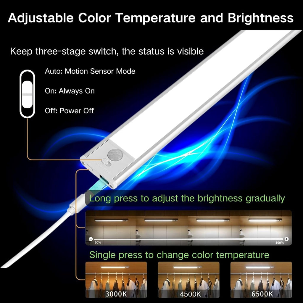 Motion Sensor Under Cabinet Lighting-Magnetic Rechargeable Closet Lights for Kitchen,Stairs,Wardrobe | 3-Color Dimmable LED Under Counter Lighting | Pro Battery Upgrade (12inch-4Pack)