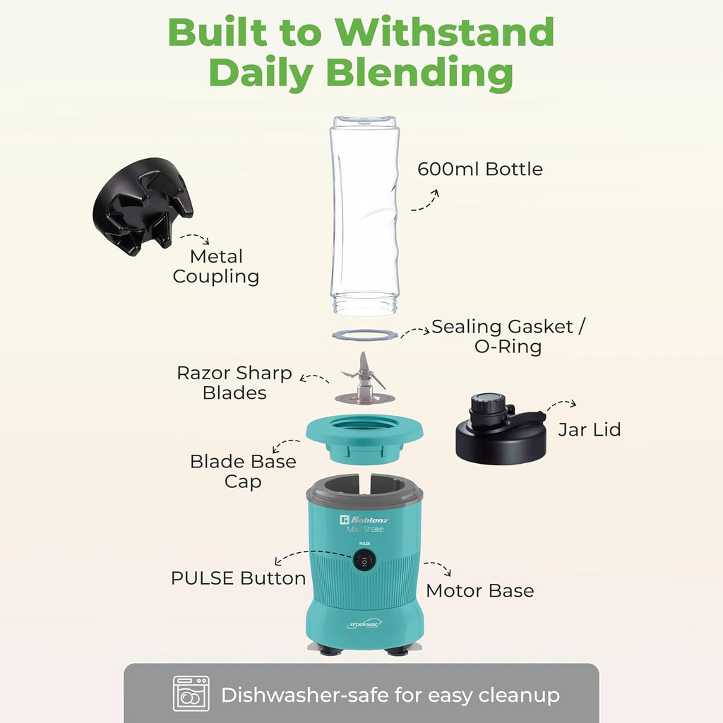 Koblenz Mix&Shake Blender, 20 oz Portable Blender, 600W Motor, Pulse, ON/OFF Functions, Stainless Steel Blades, Shakes, Sauces, Smoothie Maker, (1) 20 oz To-Go Bottle, Green, MSKM-600 V