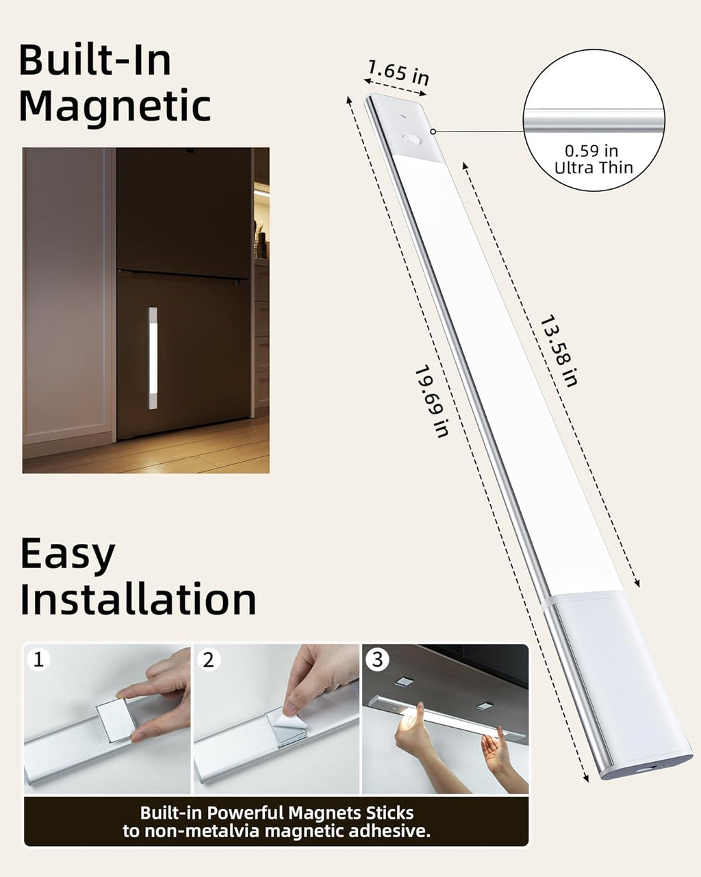 EZVALO Under Cabinet Lighting, 2200mAh Rechargeable Battery, 76 LEDs Dimmable Closet Lights, 3 Color Temps, Motion Sensor Light Indoor for Kitchen, Wardrobe