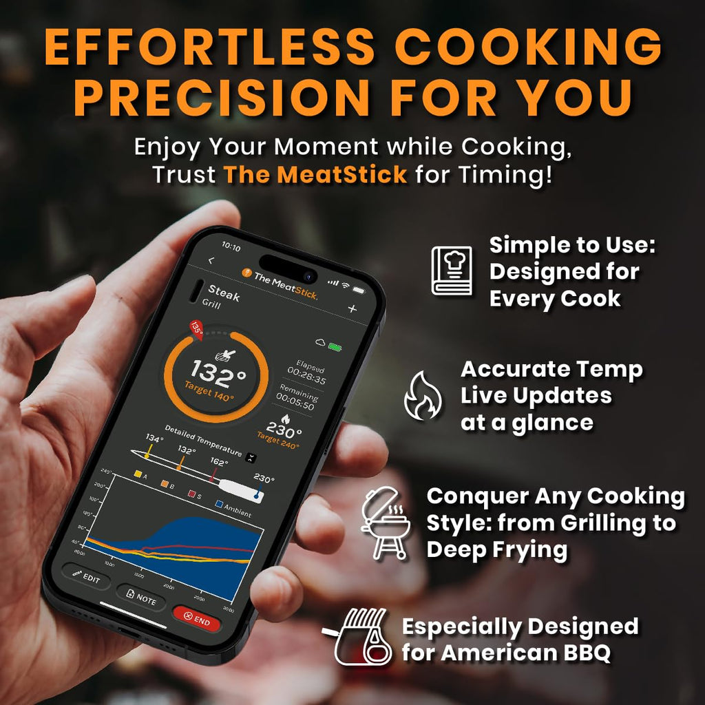 MeatStick 4 – Smart Wireless Meat Probe with 4 Sensors & Limited Range | Bluetooth Thermometer (Up to 165 ft Outdoors; Much Lower in Grill/Oven/Smoker)