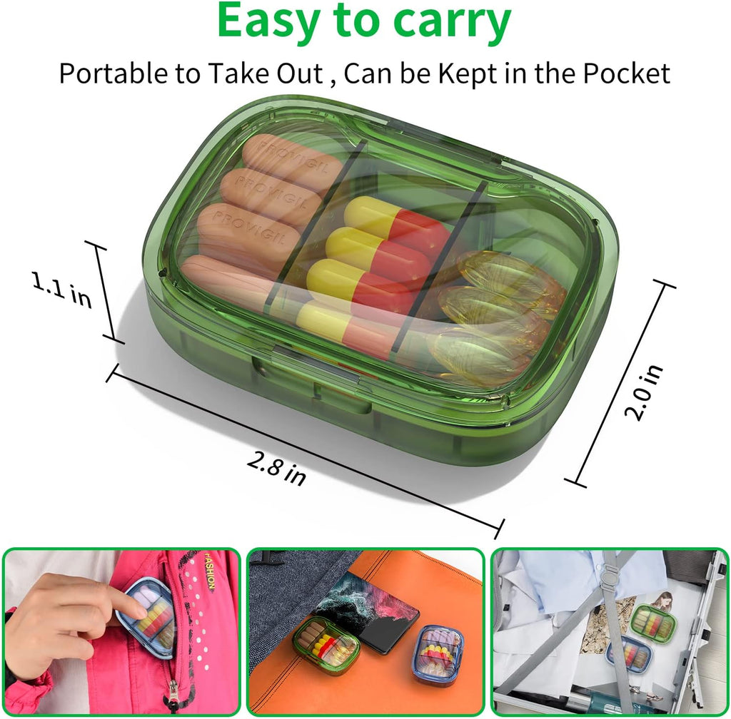 2 Pack 3 Compartment Small Pill Box, Moisture Proof Case, Travel Organizer for Pocket Purse, Daily Portable Medicine Vitamin Container, Fish Oil and Supplement Storage