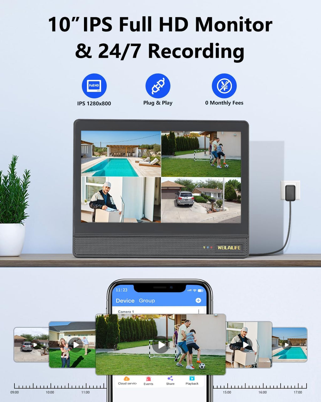 WEILAILIFE 【All-in-One Security System】 Security Cameras Wireless Outdoor, Solar-Powered PTZ Security Camera System, WiFi Home Video Surveillance Systems DVR Kits