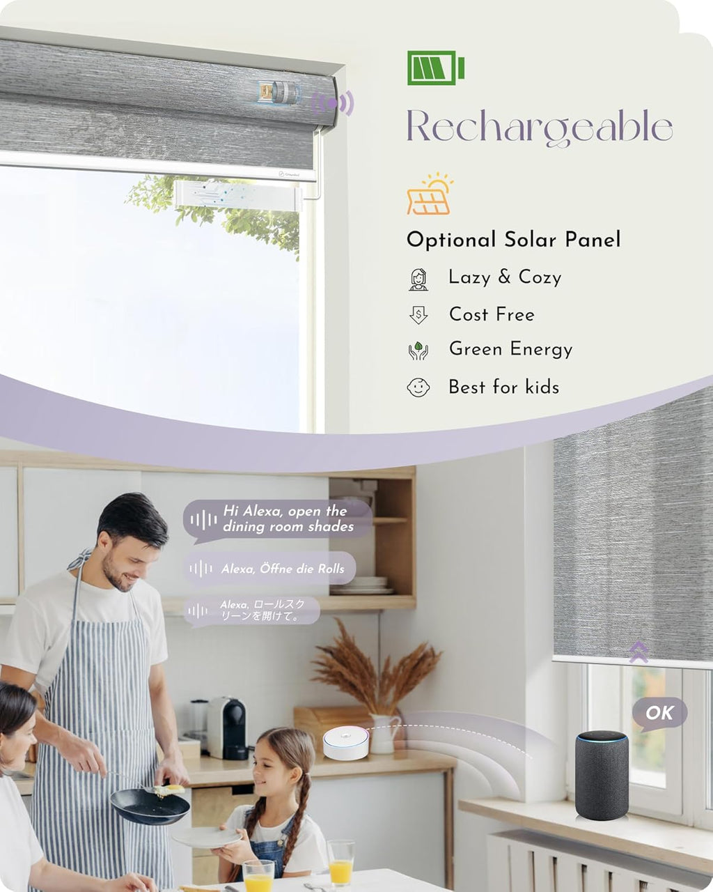 Graywind Motorized Light Filtering Shades Compatible with Alexa Google Rechargeable Remote Control Smart Blinds Automatic Window Shade with Valance for Home Office, Custom Size (Jacquard Grey)