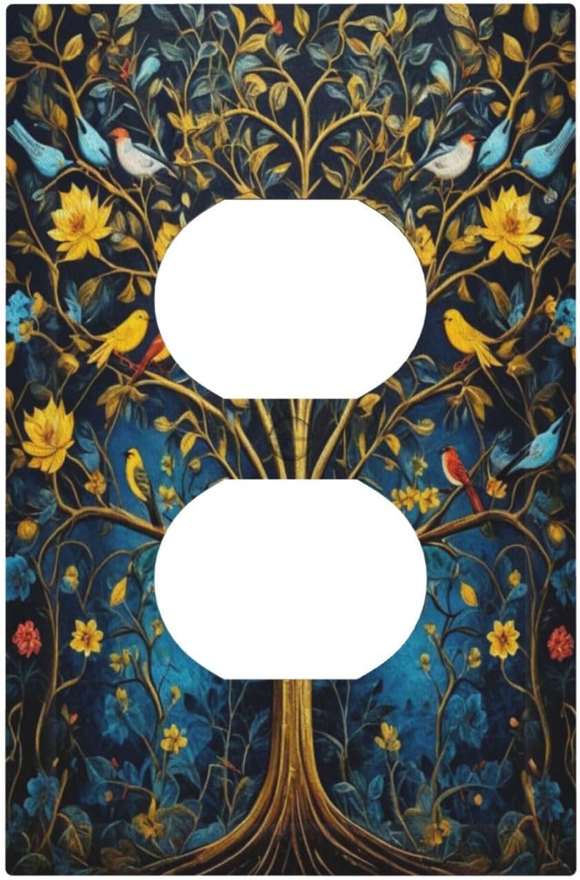 Gold Tree With Birds Flowers on Branches Light Switch Cover 1 Gang Outlet Plate Single Duplex Wall Plate Covers Decorative Switchplate Covers Electrical Faceplate for Home Decor