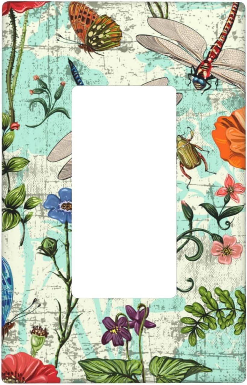 Dragonflies Flowers Butterfly 1 Gang Single Rocker Outlet Light Switch Cover Decorative Single Rocker Wall Plate Cover For Home Living Bedroom Kitchen Decorative