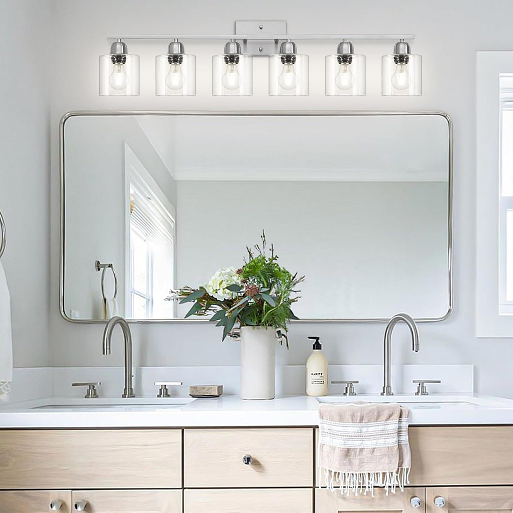 Modern Brushed Nickel 6 Light Bathroom Light Fixtures,38 inch Vanity Lights for Bathroom with Clear Glass, Vanity Light for Mirror Kitchen Living Room Hallway Cabinet Porch