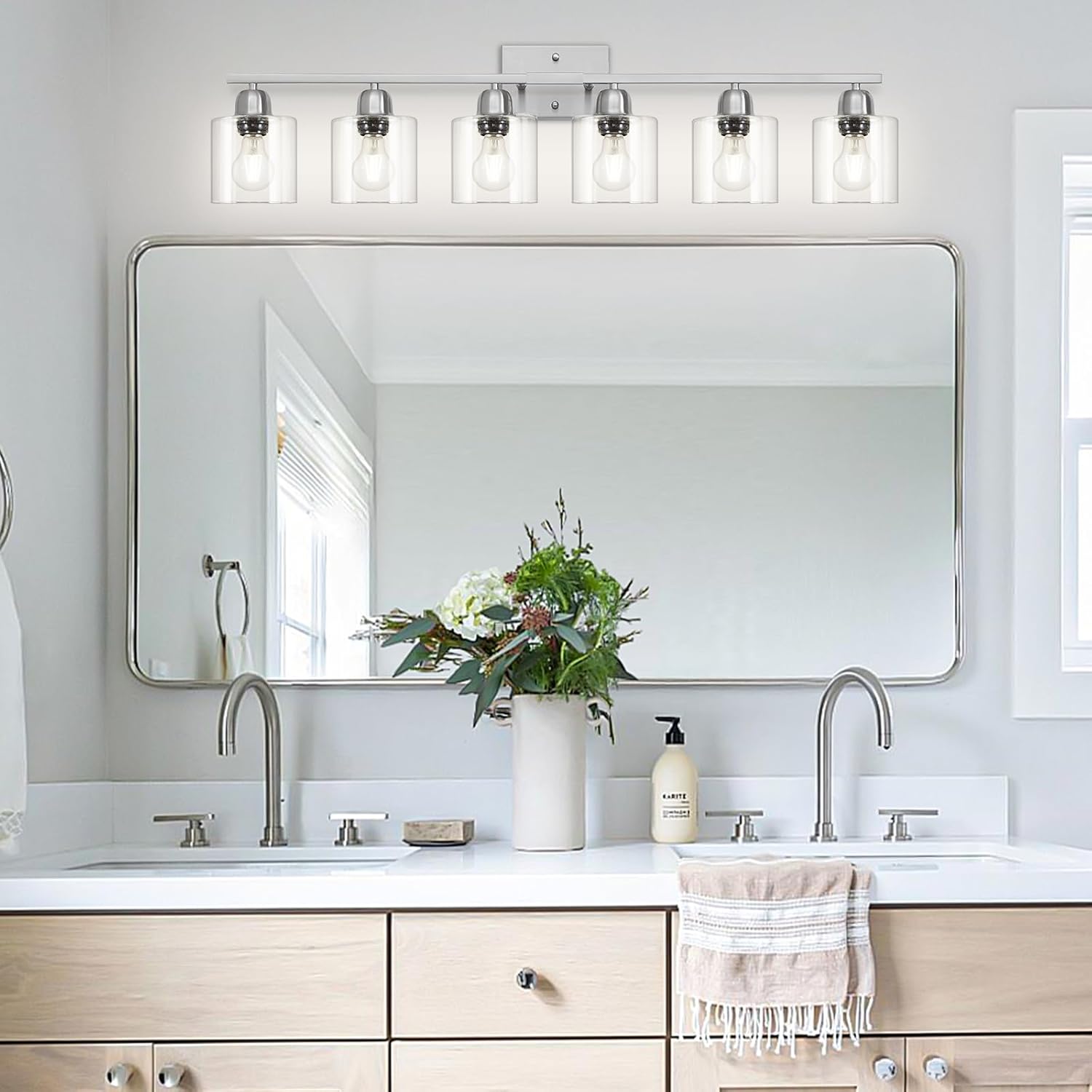 Modern Brushed Nickel 6 Light Bathroom Light Fixtures,38 inch Vanity Lights for Bathroom with Clear Glass, Vanity Light for Mirror Kitchen Living Room Hallway Cabinet Porch