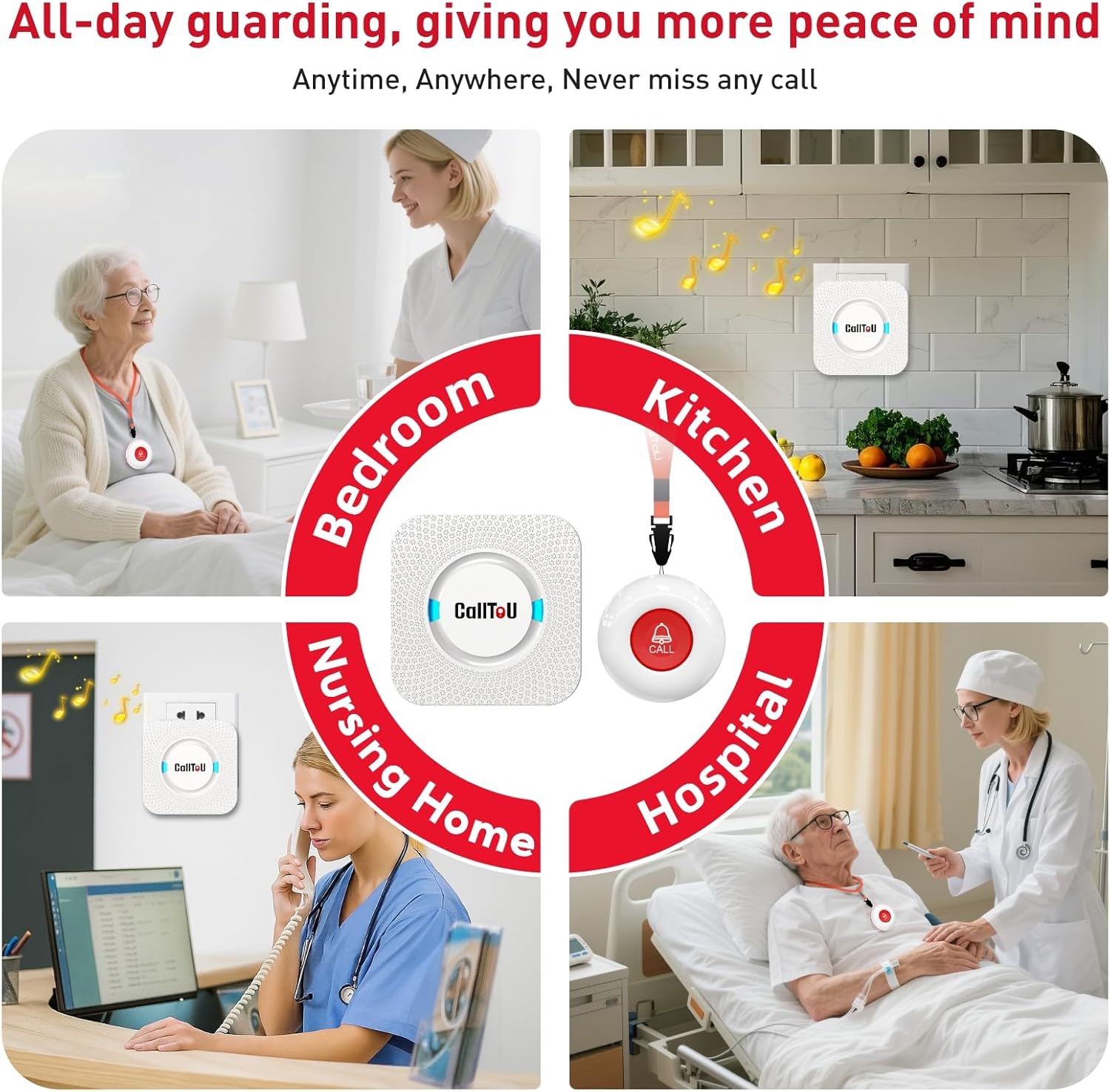 CallToU Caregiver Pager Elderly Alert Call Button for Seniors Smart Patient Call Bell Wireless Emergency Button System Adult Monitors at Home 3 Plugin Receivers 3 Waterproof Portable Transmitters