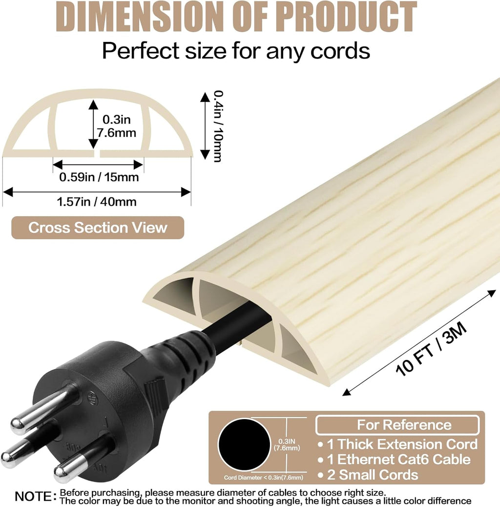 Floor Cord Cover Self Adhesive Cord Hider,10FT Cable Management, Extension Strip Protector for Wires, Prevent Cable Trips for Offices, Gyms, Exhibitions Cavity:0.51"(W) x 0.3"(H) Yellow Wood