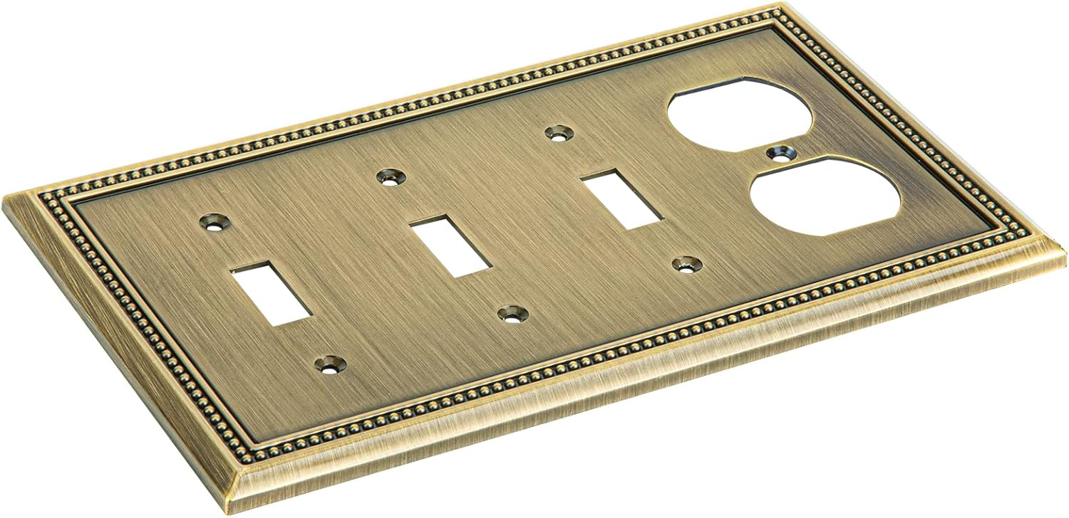 Henne Bery Sunken Pearls Heavy Duty Decorative Wall Plate Switch Plate Outlet Cover (Triple Toggle/Single Duplex, Antique Brass)