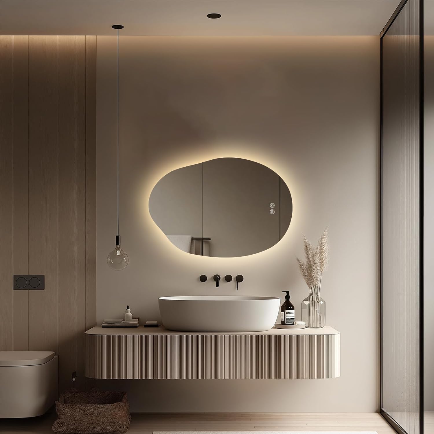 LED Light Bathroom Mirror 22x32, Stepless Dimmable Irregular Backlit Mirror with 3 Colors, Anti-Fog, Memory, Al-Alloy Lampshade, Frameless Makeup Mirror for Bathroom (Horizontal/Vertical)