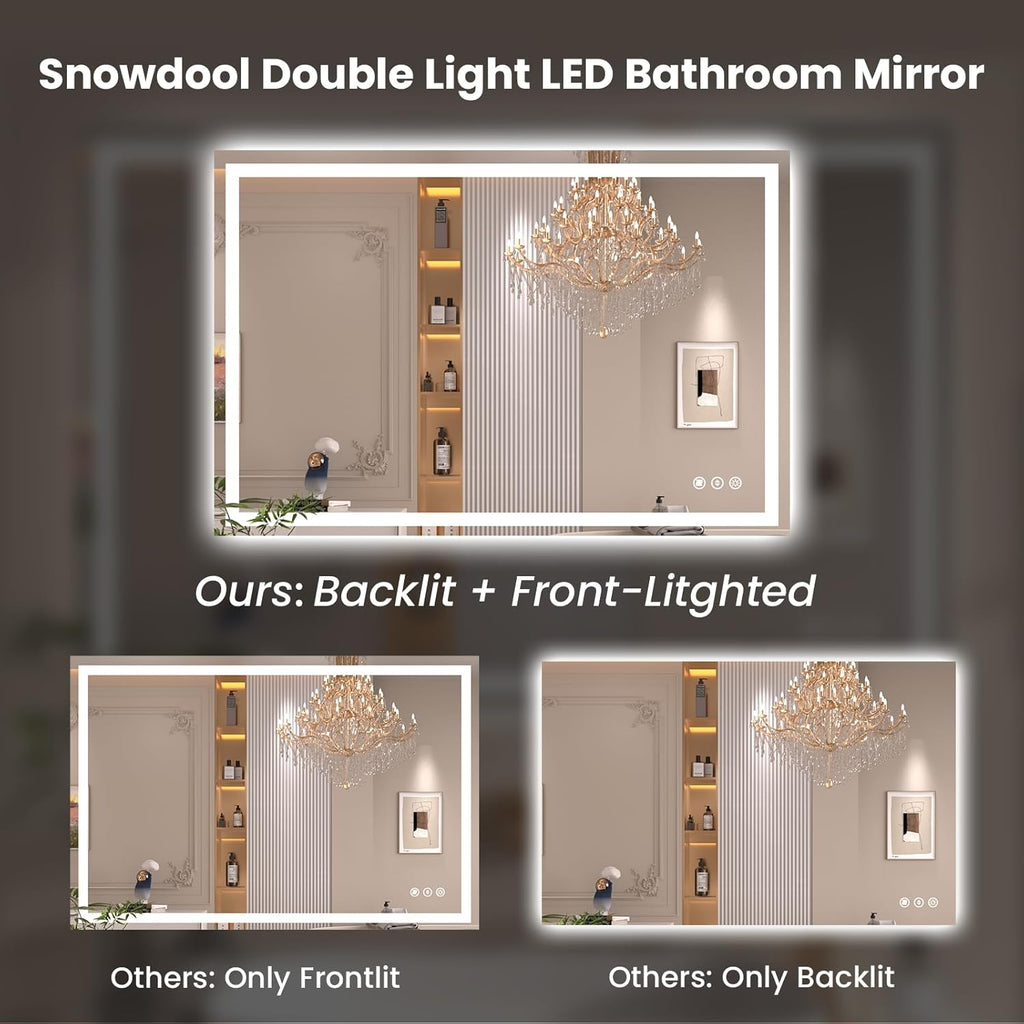48"X30" LED Bathroom Mirror with Front Lights and Backlit, Anti-Fog, Dimmable, Shatter-Proof Tempered Glass, Lighted Bathroom Vanity Mirror for Wall with 3 Colors, Memory Function